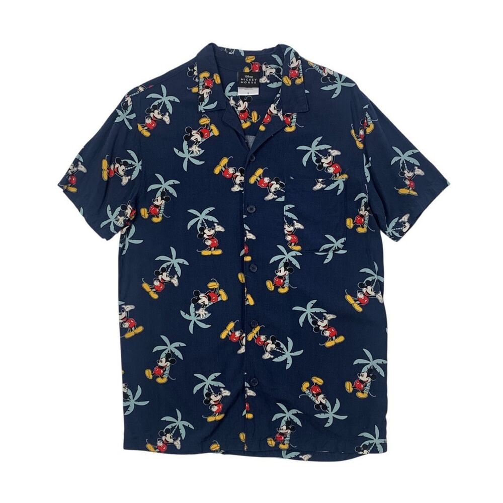 Disney Shirt Men S Small Navy Rayon Mickey Mouse Button Up Short Sleeve Hawaiian